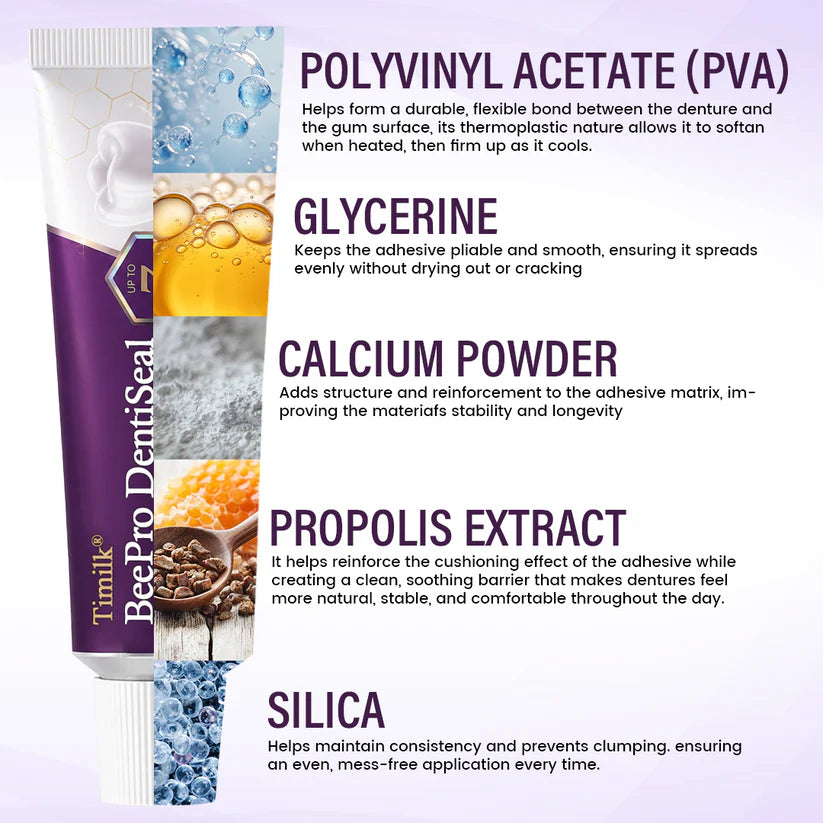 Timilk® BeePro DentiSeal Denture Adhesive🦷🐝💜 FDA Certified (Clinically Proven 96-Hour Lock Hold with Bee Propolis Gum Comfort for Secure, Comfortable & Zinc-Free Denture Fit)