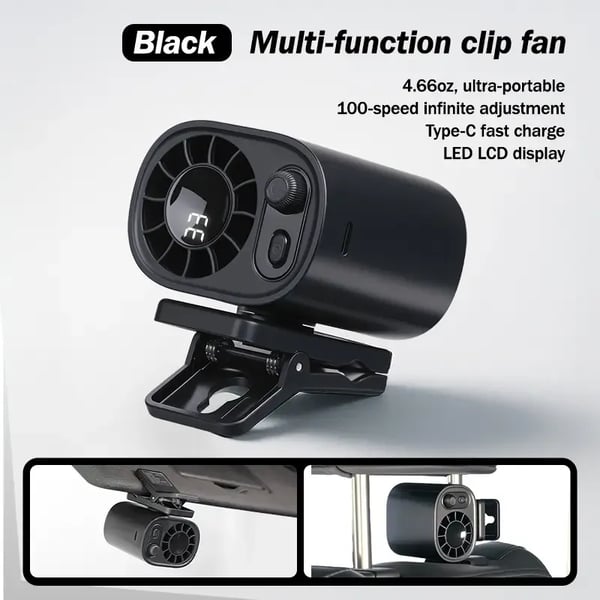 🔥🔥Car Clip On Fan with LED Display -360° Rotation, 100 Speeds Adjustable, USB Rechargeable