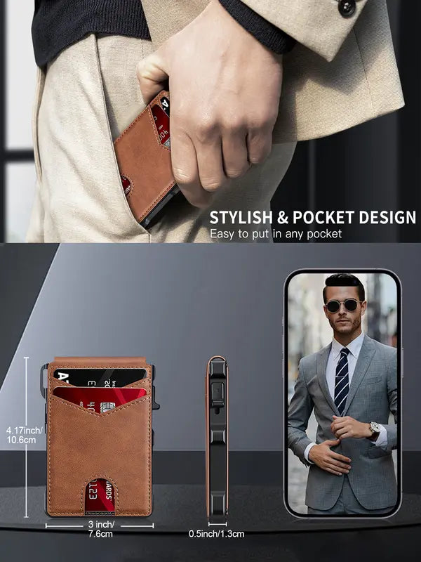 🔥Last Day 49% OFF🔥Wallet for Men - with Pop Up Aluminum Case Money Clip Slim Leather Slots Credit Card Holder RFID Blocking Bifold Minimalist Wallet