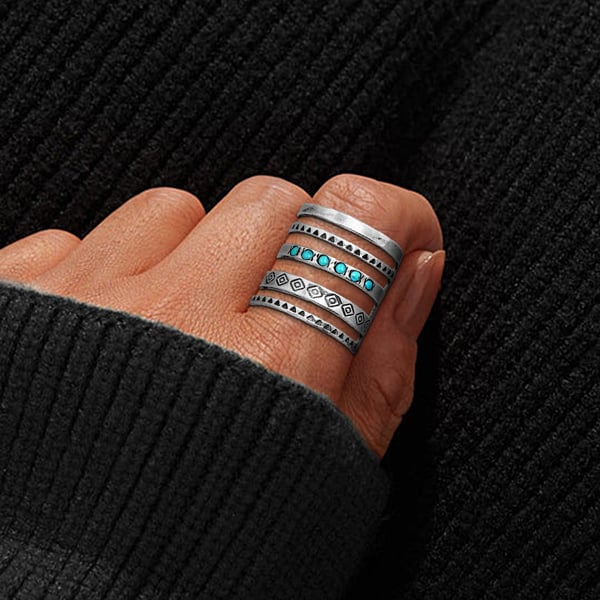 Sterling Silver Bohemian Openwork Carved Turquoise Ring
