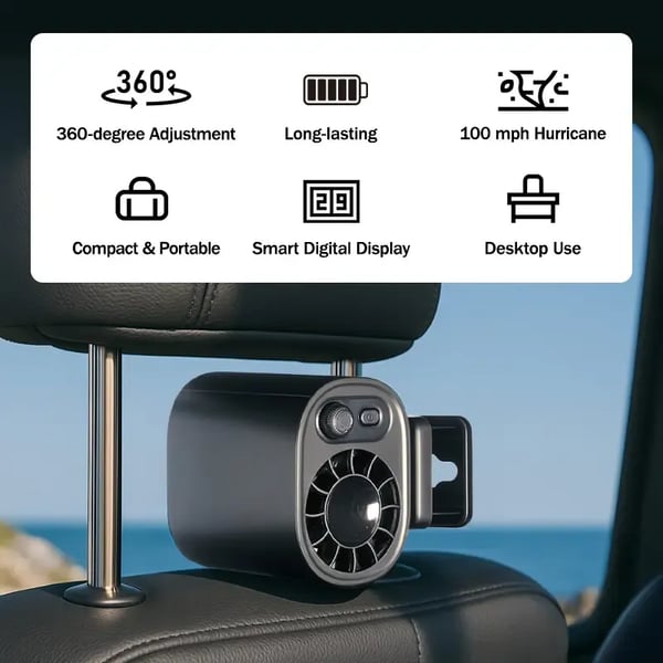 🔥🔥Car Clip On Fan with LED Display -360° Rotation, 100 Speeds Adjustable, USB Rechargeable