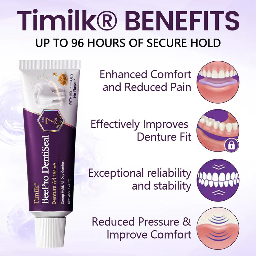 Timilk® BeePro DentiSeal Denture Adhesive🦷🐝💜 FDA Certified (Clinically Proven 96-Hour Lock Hold with Bee Propolis Gum Comfort for Secure, Comfortable & Zinc-Free Denture Fit)