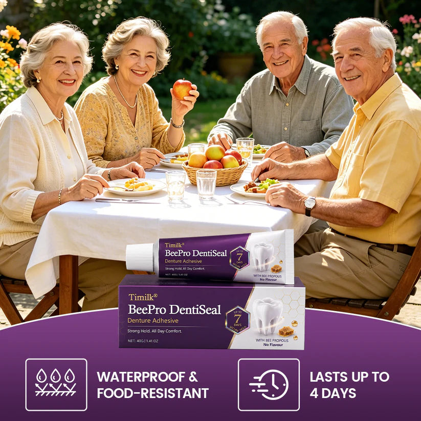 Timilk® BeePro DentiSeal Denture Adhesive🦷🐝💜 FDA Certified (Clinically Proven 96-Hour Lock Hold with Bee Propolis Gum Comfort for Secure, Comfortable & Zinc-Free Denture Fit)