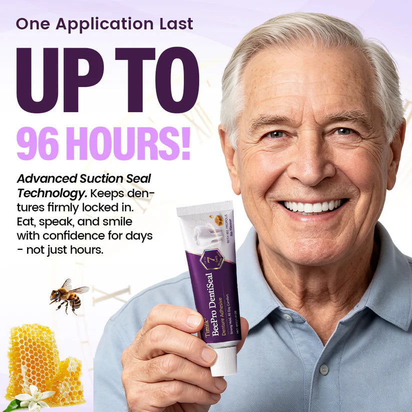 Timilk® BeePro DentiSeal Denture Adhesive🦷🐝💜 FDA Certified (Clinically Proven 96-Hour Lock Hold with Bee Propolis Gum Comfort for Secure, Comfortable & Zinc-Free Denture Fit)