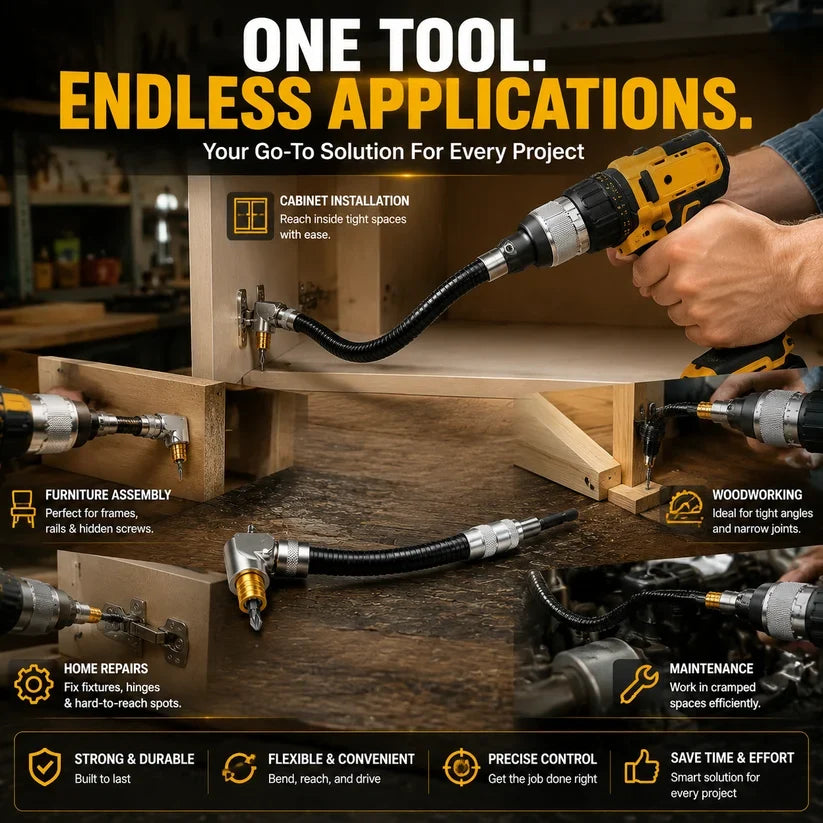 🔧 Flexible 90° Right Angle Drill Attachment – Tight Space Driver Adapter