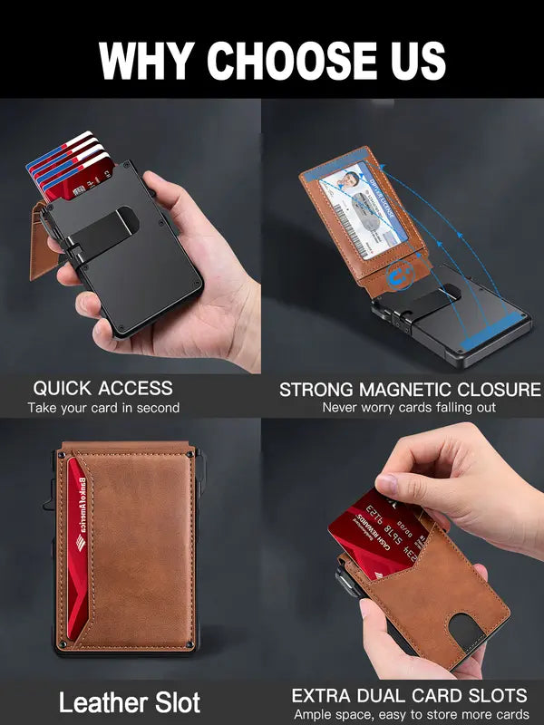 🔥Last Day 49% OFF🔥Wallet for Men - with Pop Up Aluminum Case Money Clip Slim Leather Slots Credit Card Holder RFID Blocking Bifold Minimalist Wallet