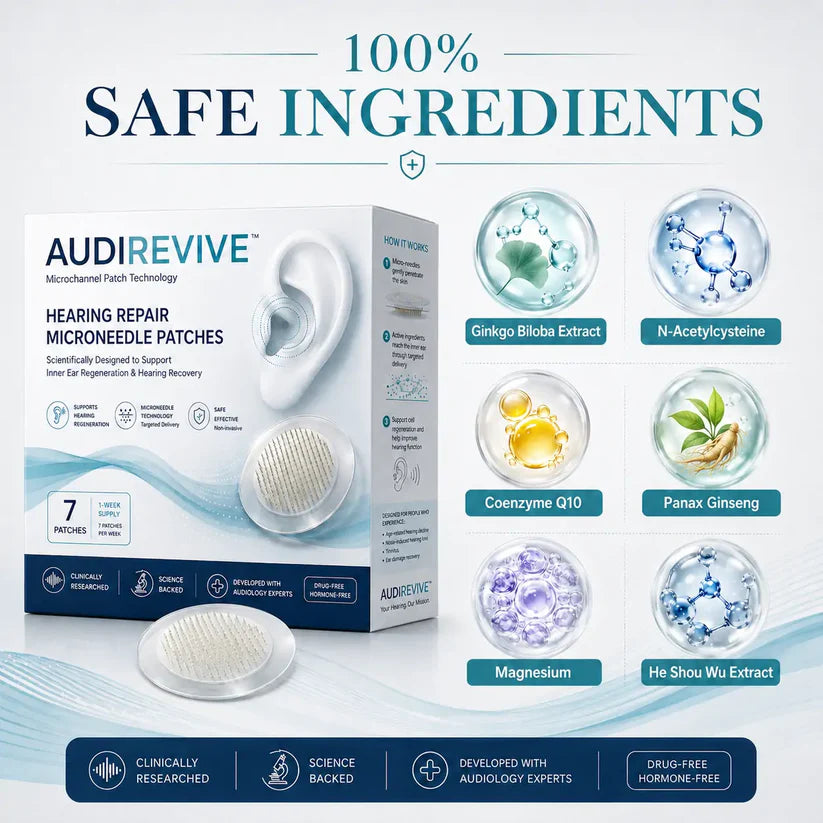 AUDIREVIVE™ HEARING REPAIR MICRONEEDLE PATCHES ✅ Targets Hearing Loss, Tinnitus, Ear Infections, Balance Disorders, and Age-Related Ear Degeneration.