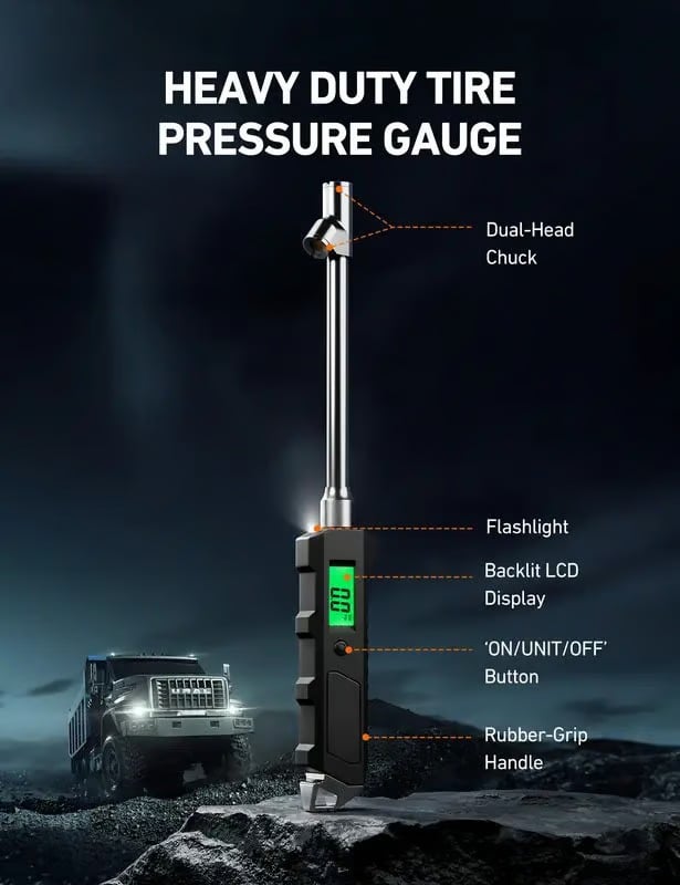 Digital Tire Pressure Gauge 230 PSI Heavy Duty Dual Head Stainless Steel Made for Truck and RV with Backlit LCD and Flashlight Car Accessories